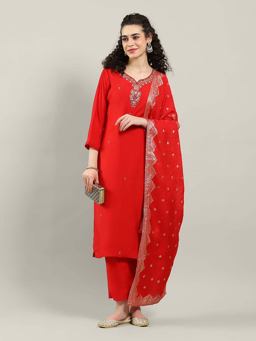 Printed Cotton Blend Kurta With Pants & Dupatta
