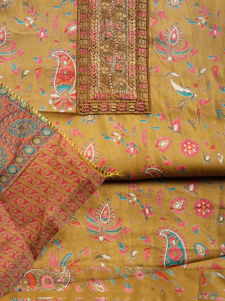 Printed Cotton Blend Unstitched Suit With Pant &amp; Dupatta