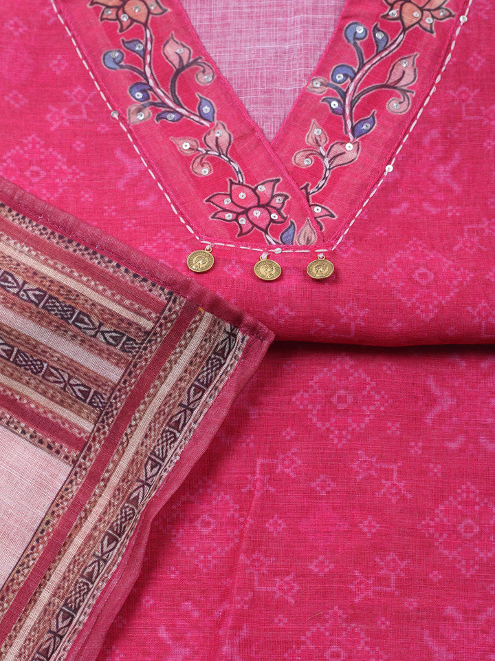 Embroidered Linen Blend Unstitched Suit With Pant &amp; Dupatta