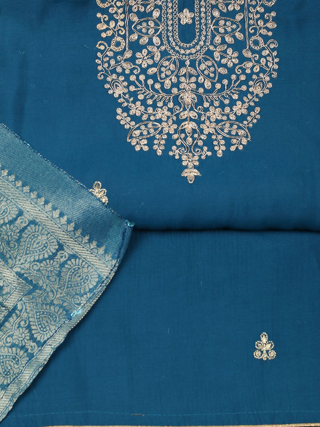 Embroidered Chanderi Unstitched Suit With Pant &amp; Dupatta