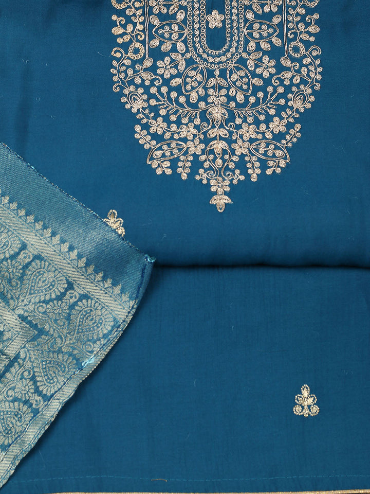 Embroidered Chanderi Unstitched Suit With Pant &amp; Dupatta