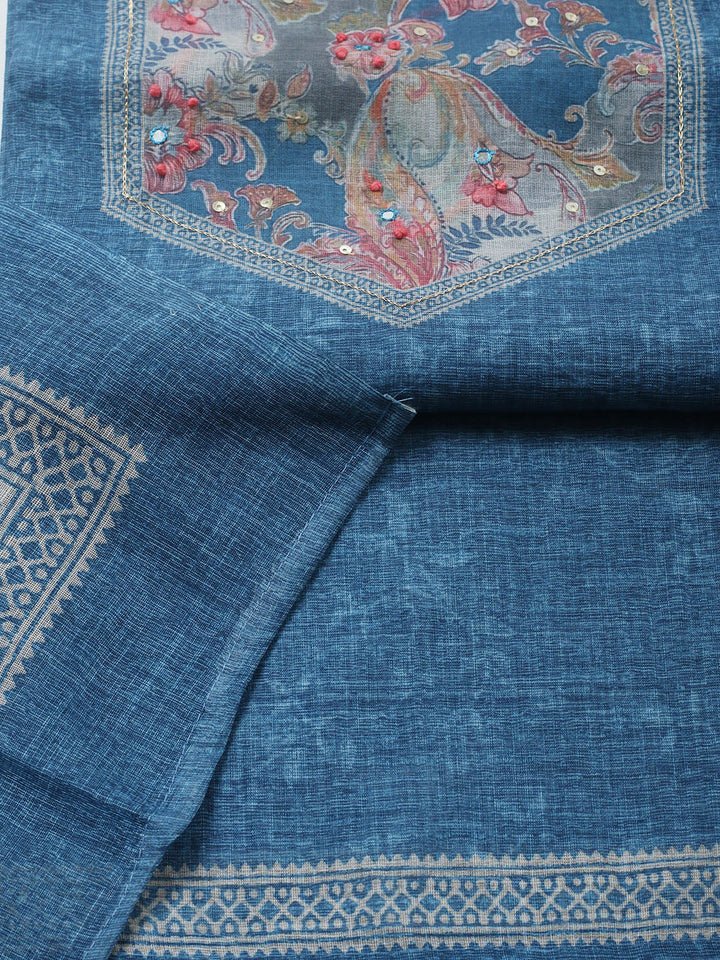 Embroidered Linen Blend Unstitched Suit With Pant &amp; Dupatta