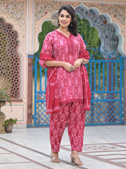 Printed Cotton Blend Kurta With Pants & Dupatta