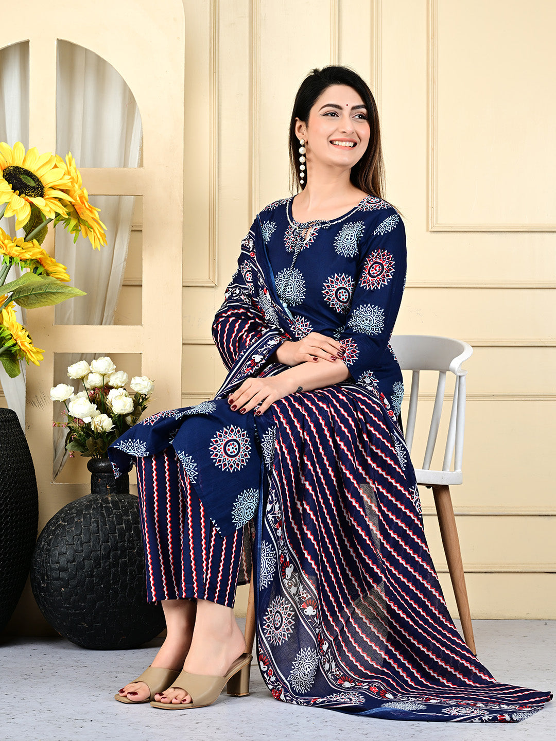 Printed Cotton Blend Kurta With Pants &amp; Dupatta