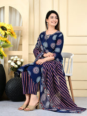 Printed Cotton Blend Kurta With Pants & Dupatta