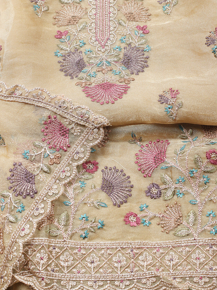 Embroidered Organza Unstitched Suit With Pant &amp; Dupatta