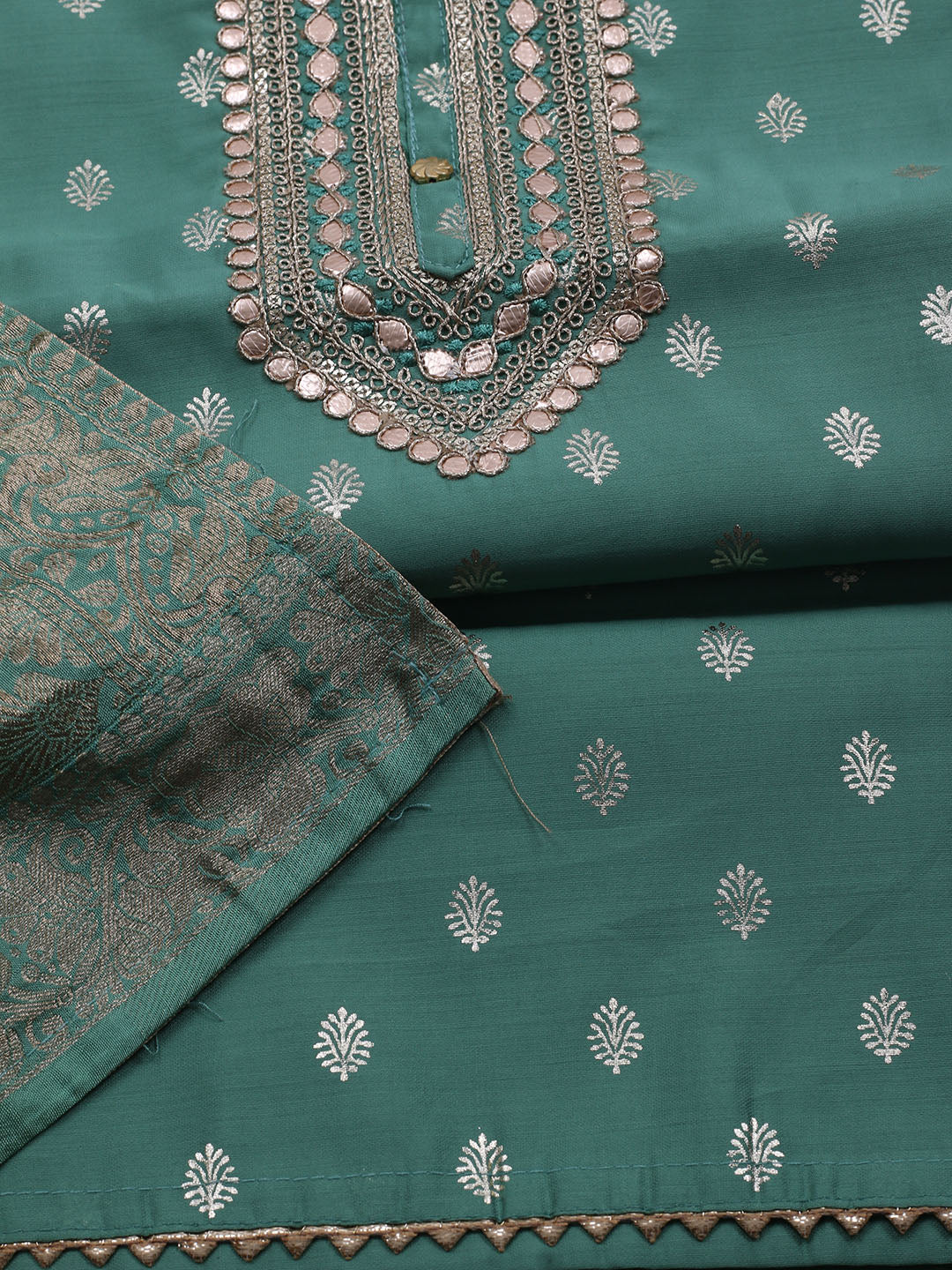 Neck Embroidered Chanderi Unstitched Suit With Dupatta