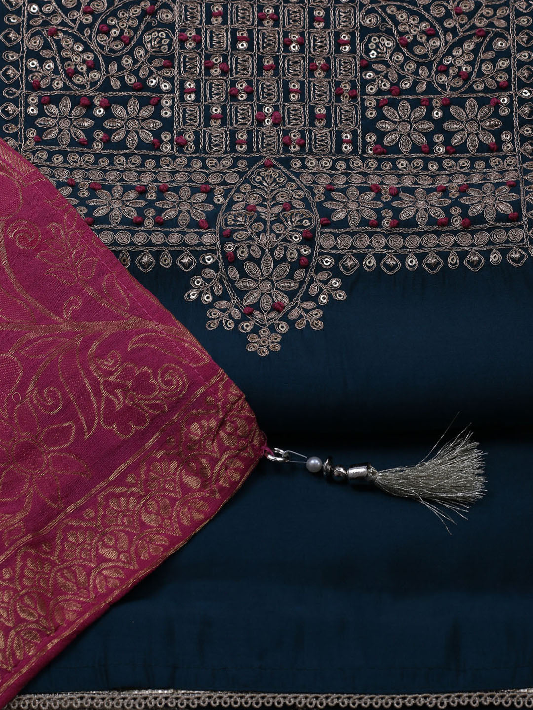 Neck Embroidered Chanderi Unstitched Suit With Dupatta