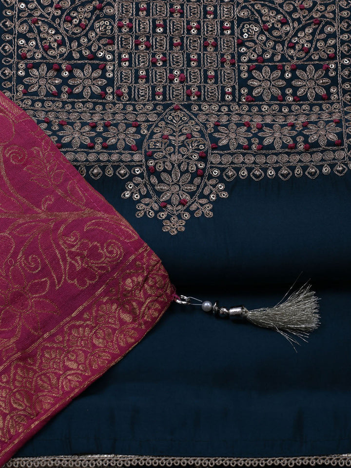 Neck Embroidered Chanderi Unstitched Suit With Dupatta