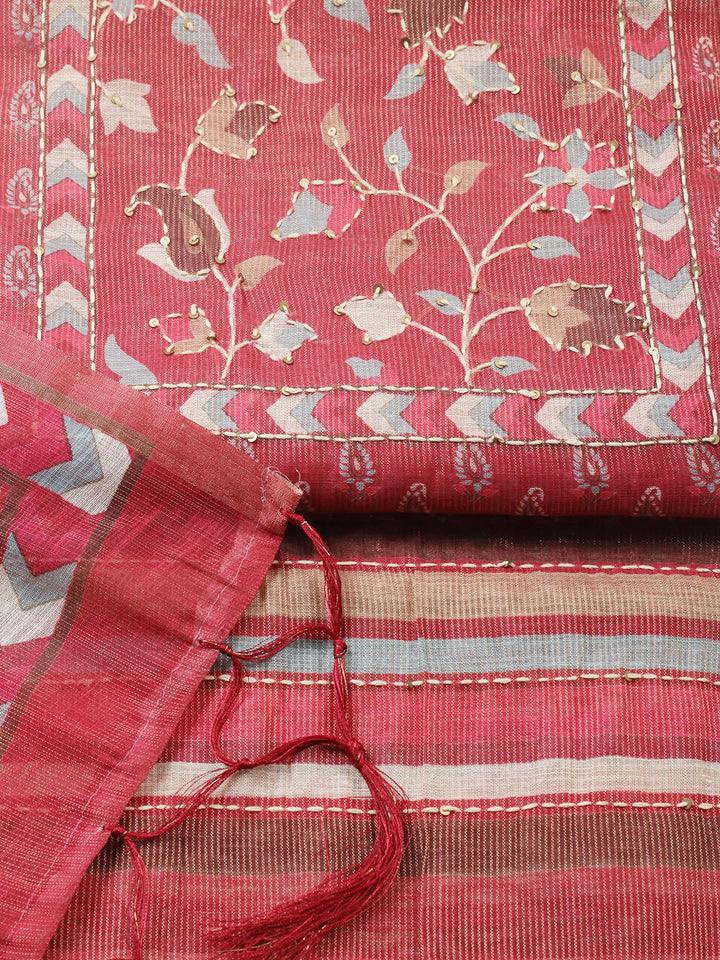 Embroidered Tissue Unstitched Suit With Pant &amp; Dupatta