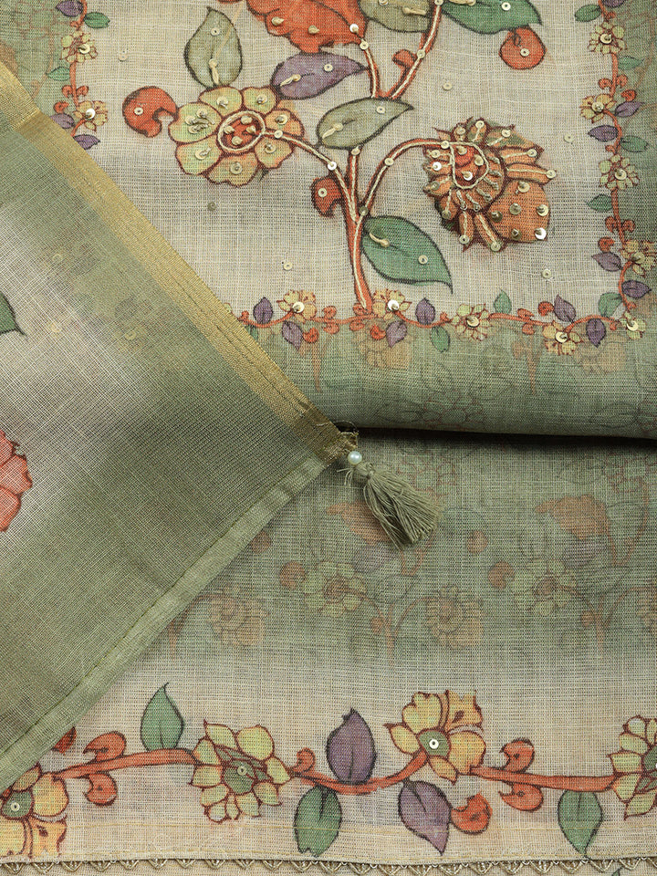 Printed Linen Blend Unstitched Suit With Pant &amp; Dupatta