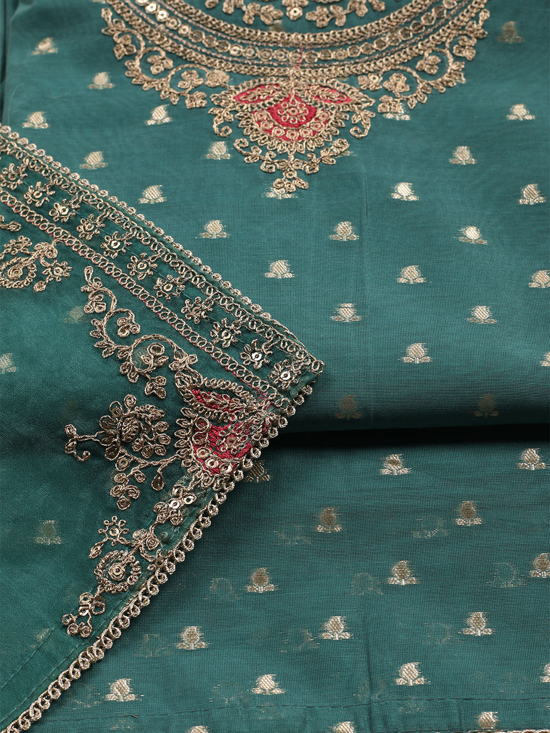 Neck Embroidered Chanderi Unstitched Suit With Dupatta