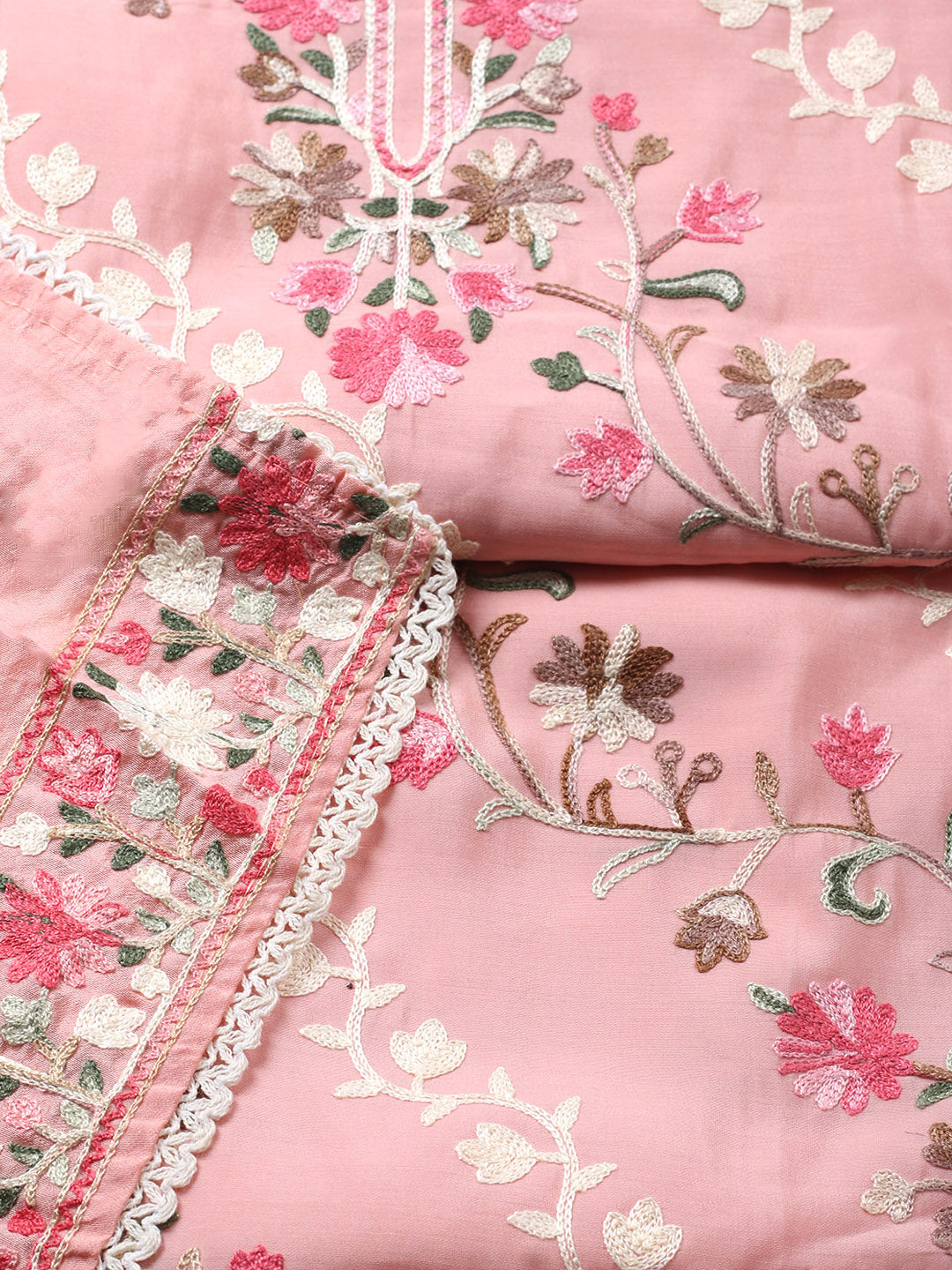 Embroidered Chanderi Unstitched Suit With Pant &amp; Dupatta