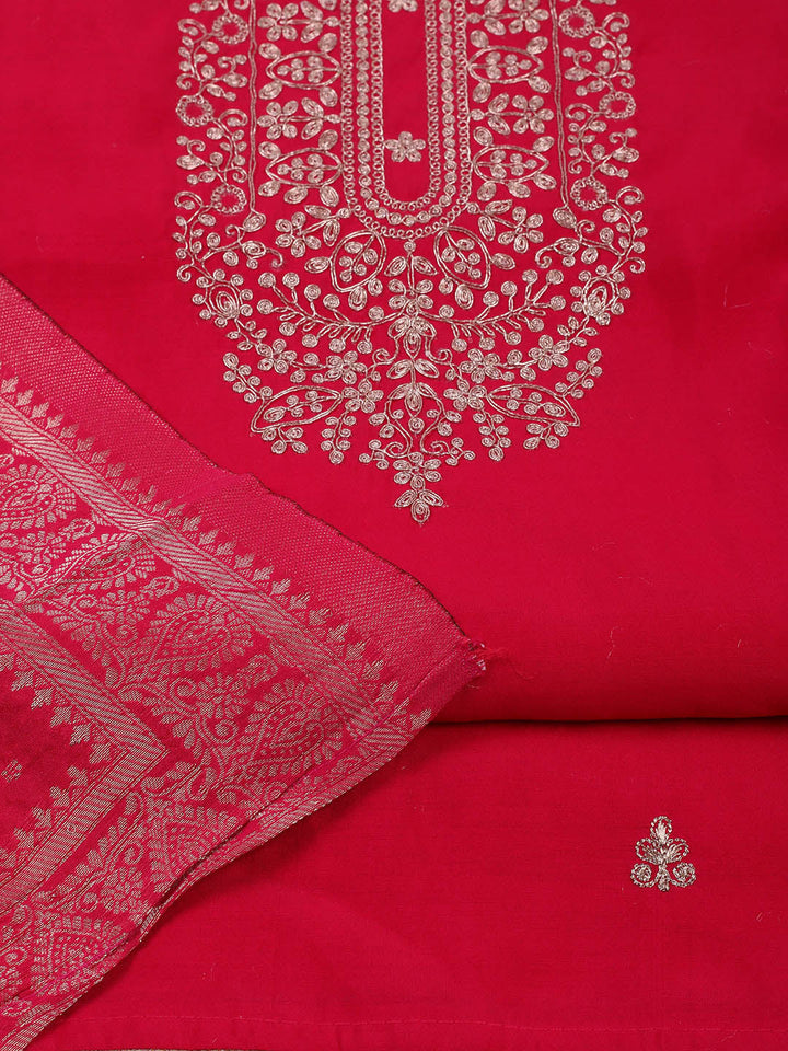 Embroidered Chanderi Unstitched Suit With Pant &amp; Dupatta