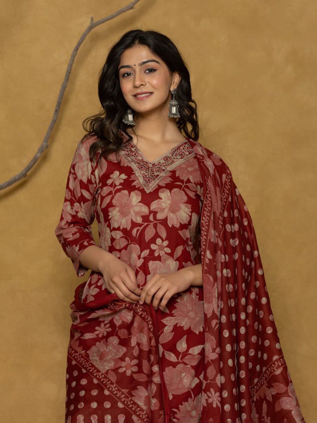 Printed Cotton Blend Kurta With Pants & Dupatta