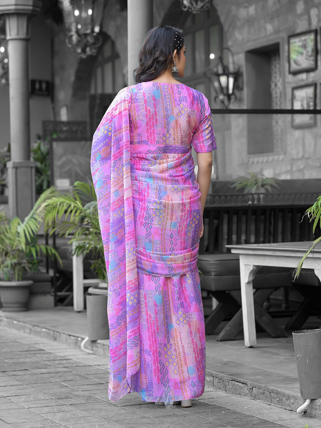 Printed Georgette Readymade Saree With Stitched Blouse
