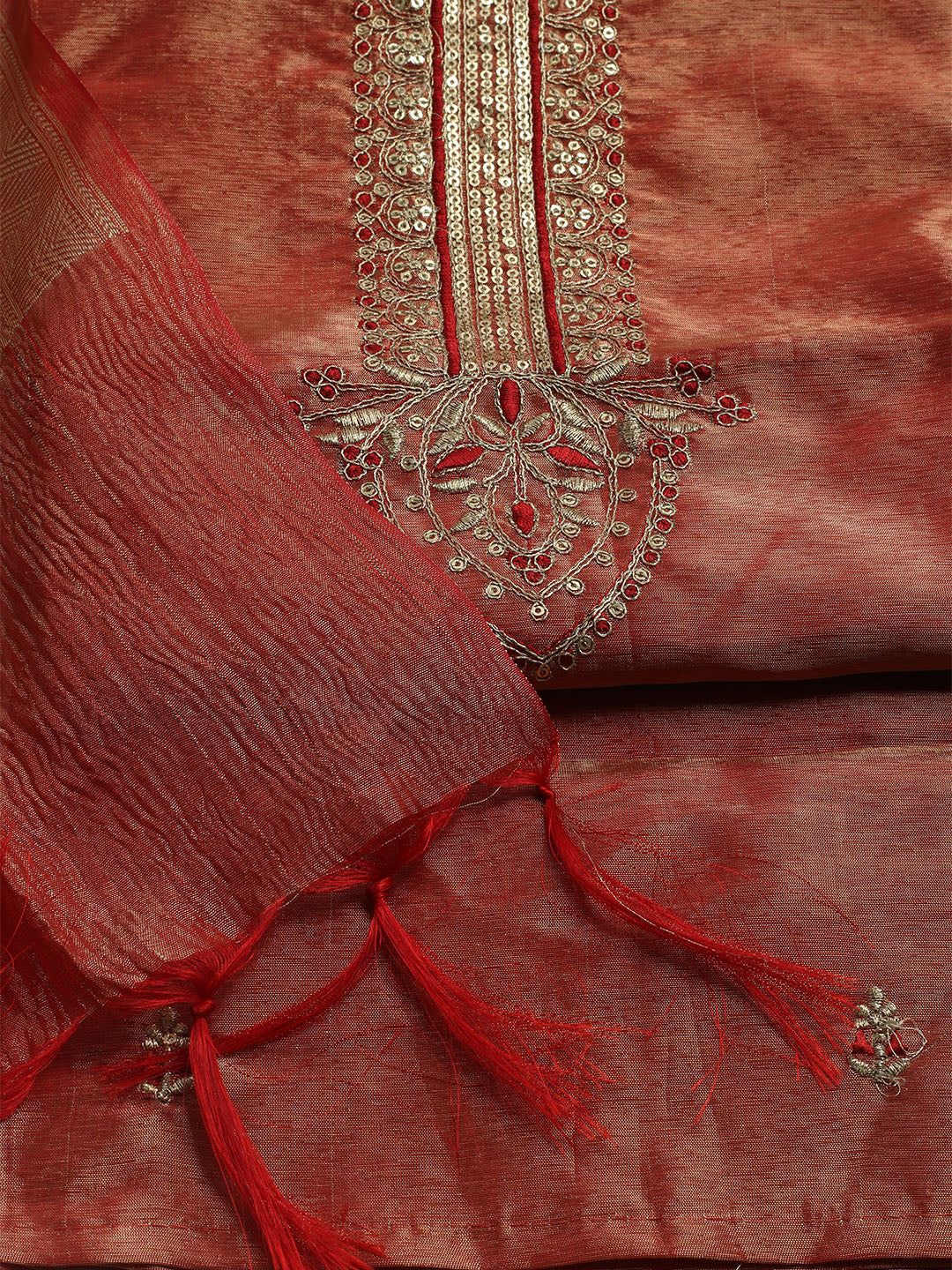 Embroidered Tissue Unstitched Kurta With Pant & Dupatta