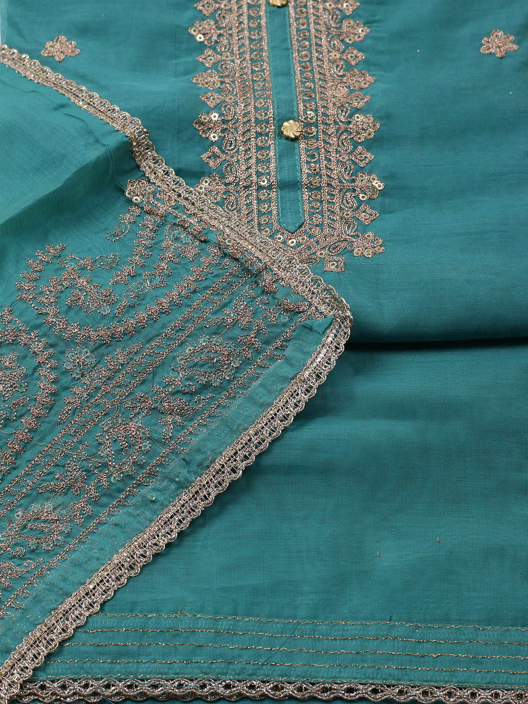 Neck Embroidered Chanderi Unstitched Suit With Dupatta