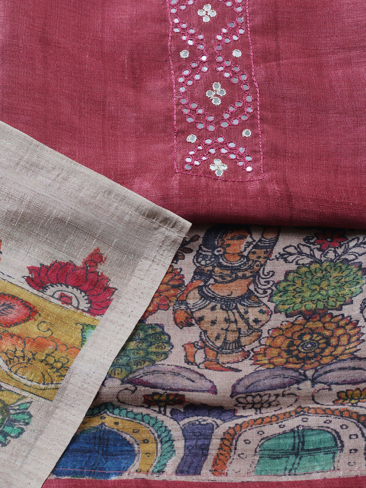 Embroidered Tussar Unstitched Suit With Pant &amp; Dupatta