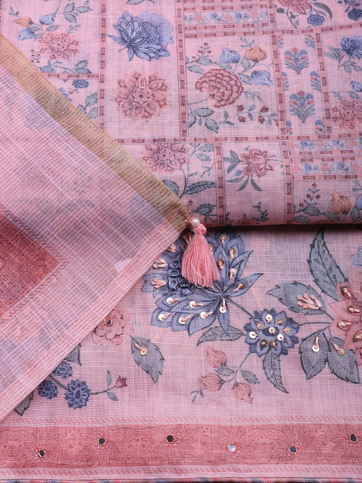 Printed Linen Blend Unstitched Suit With Pant &amp; Dupatta