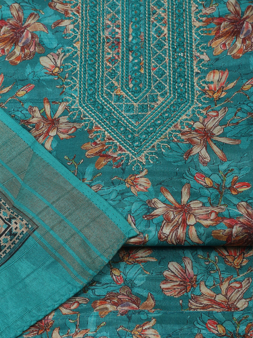 Embroidered Tussar Unstitched Suit With Pant Dupatta