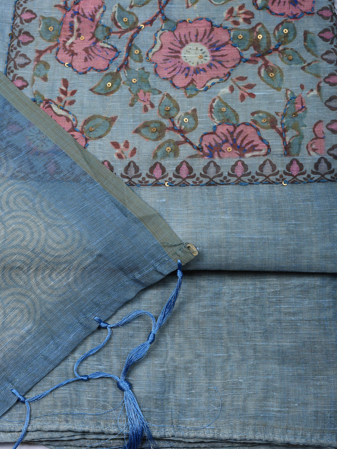 Embroidered Chanderi Unstitched Suit With Pant &amp; Dupatta