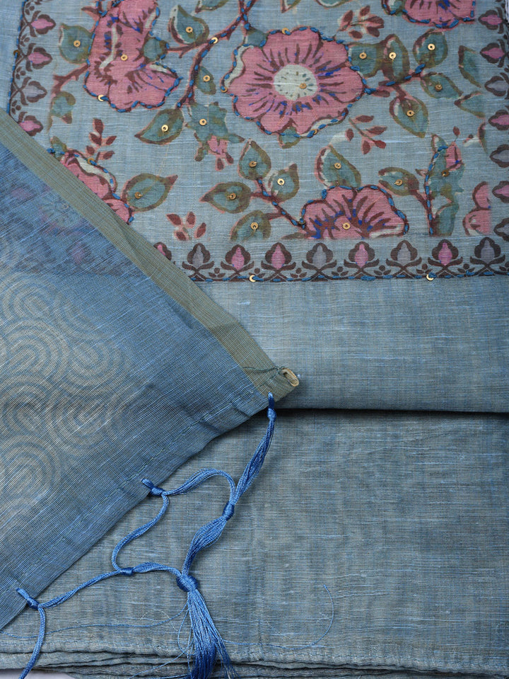 Embroidered Chanderi Unstitched Suit With Pant &amp; Dupatta