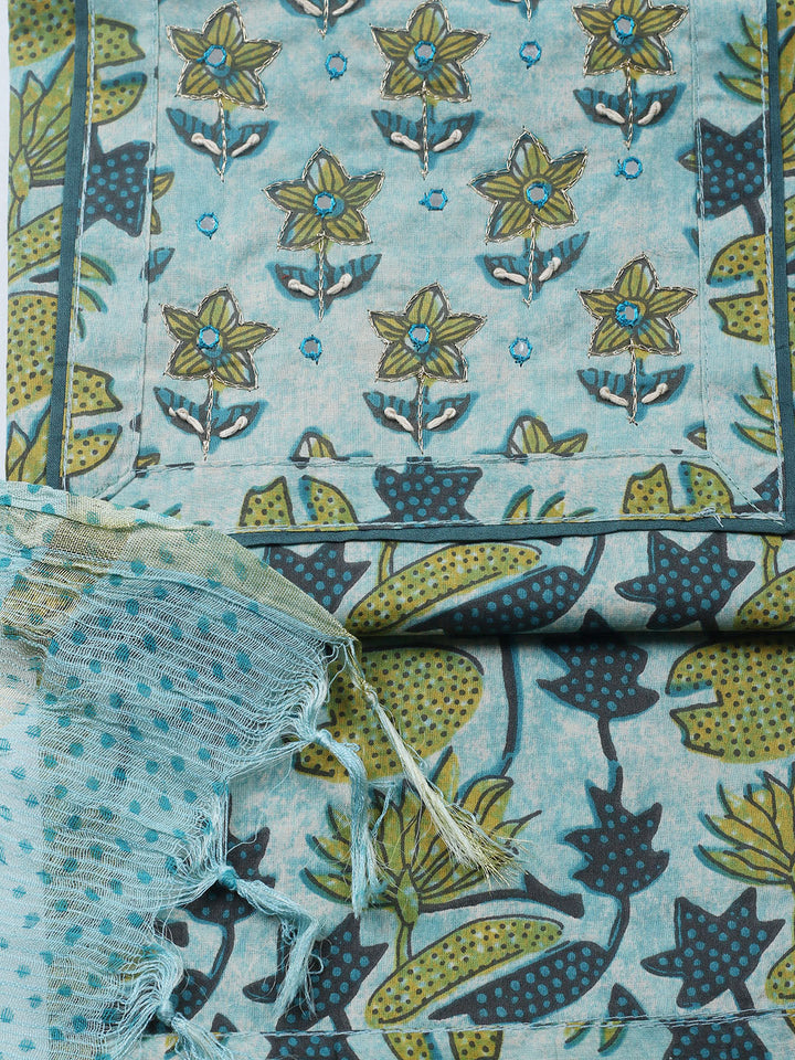 Printed Cotton Blend Unstitched Suit With Pant &amp; Dupatta