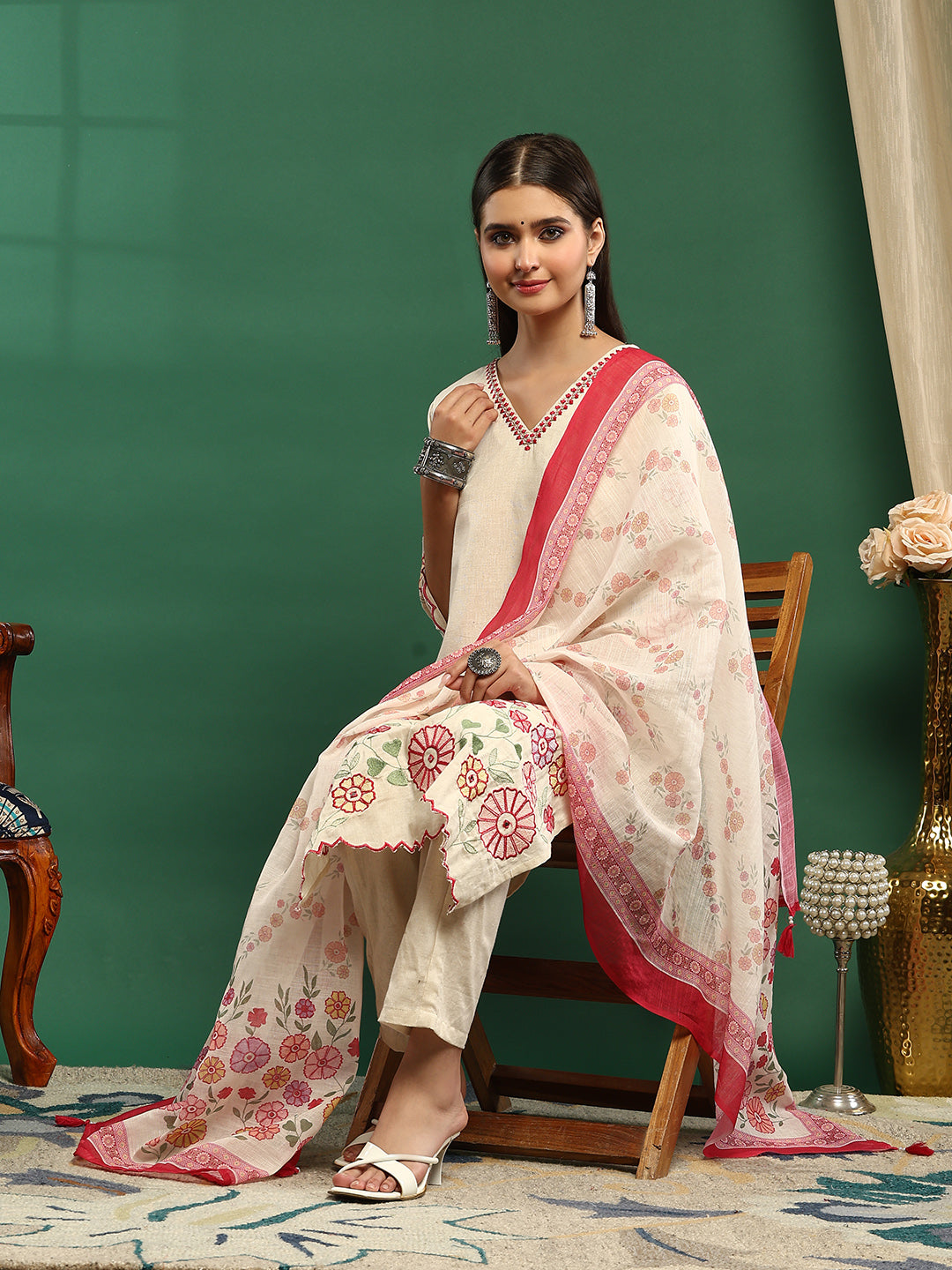 Embroidered Cotton Blend Kurta With Pant &amp; Dupatta