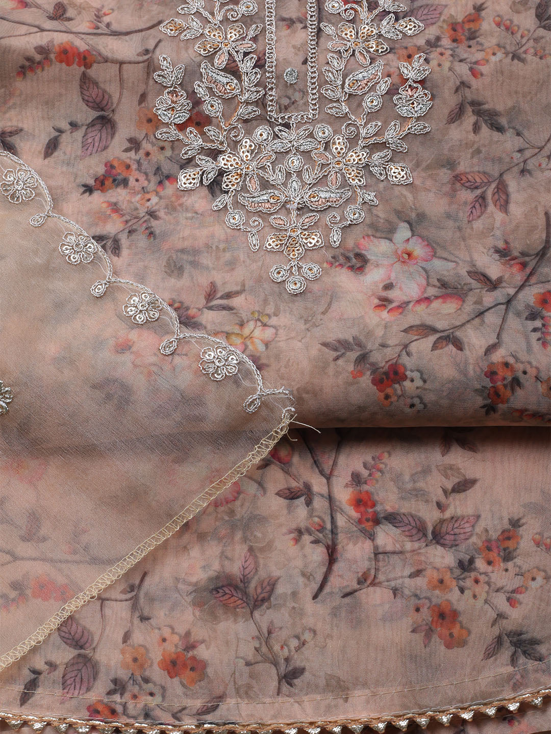 Neck Embroidered Organza Unstitched Suit With Dupatta