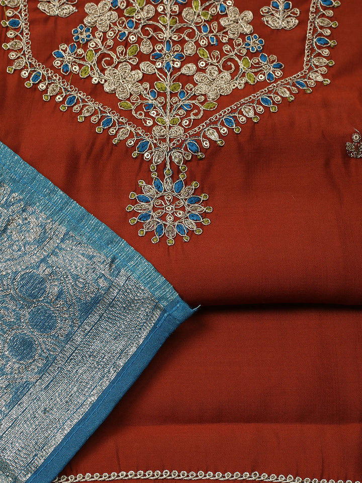 Neck Embroidered Chanderi Unstitched Suit With Dupatta
