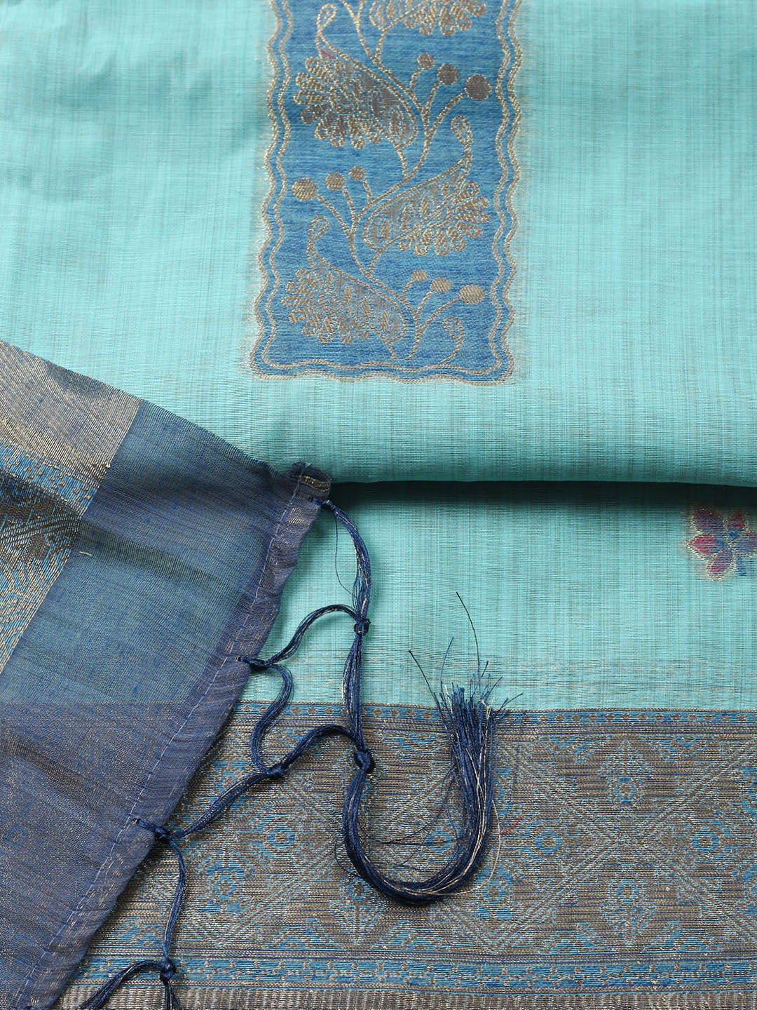 Woven Design Chanderi Unstitched Suit With Pant Dupatta