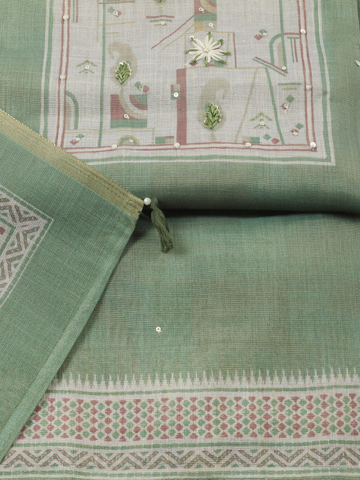 Printed Linen Blend Unstitched Suit With Pant &amp; Dupatta