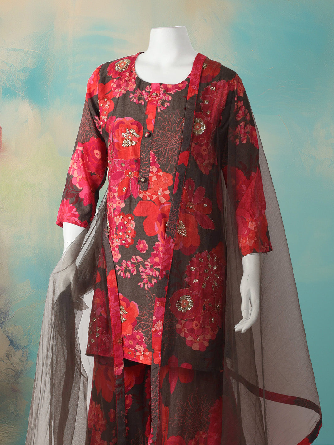 Printed With Embroidered Cotton Blend Kurta With Garara &amp; Dupatta