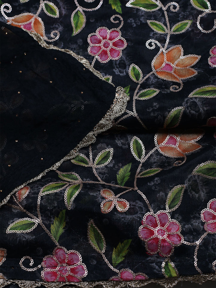 Neck Embroidered Chinnon Unstitched Suit With Dupatta