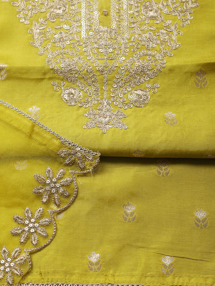 Embroidered Chanderi Unstitched Suit With Pant &amp; Dupatta