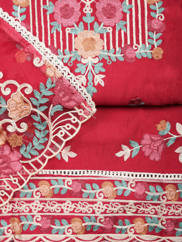 Embroidered Cotton Blend Unstitched Suit With Pant &amp; Dupatta