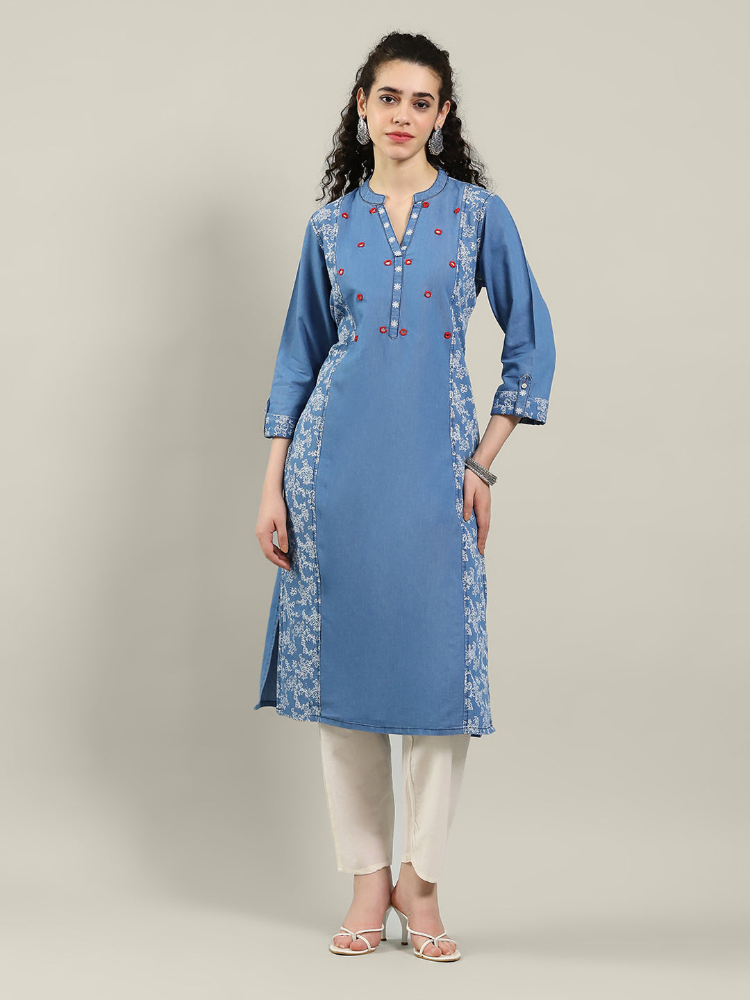 Neck Embroidered Denim Kurta