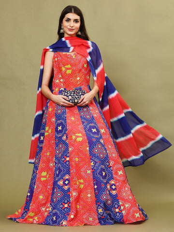 Printed Cotton Blend Anarkali Kurta With Legging & Dupatta