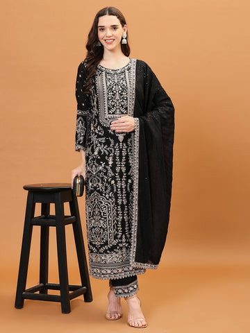 Resham Embroidery Crepe Kurta With Pants & Dupatta