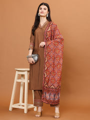 Neck Embroidery Muslin Kurta With Pants & Dupatta