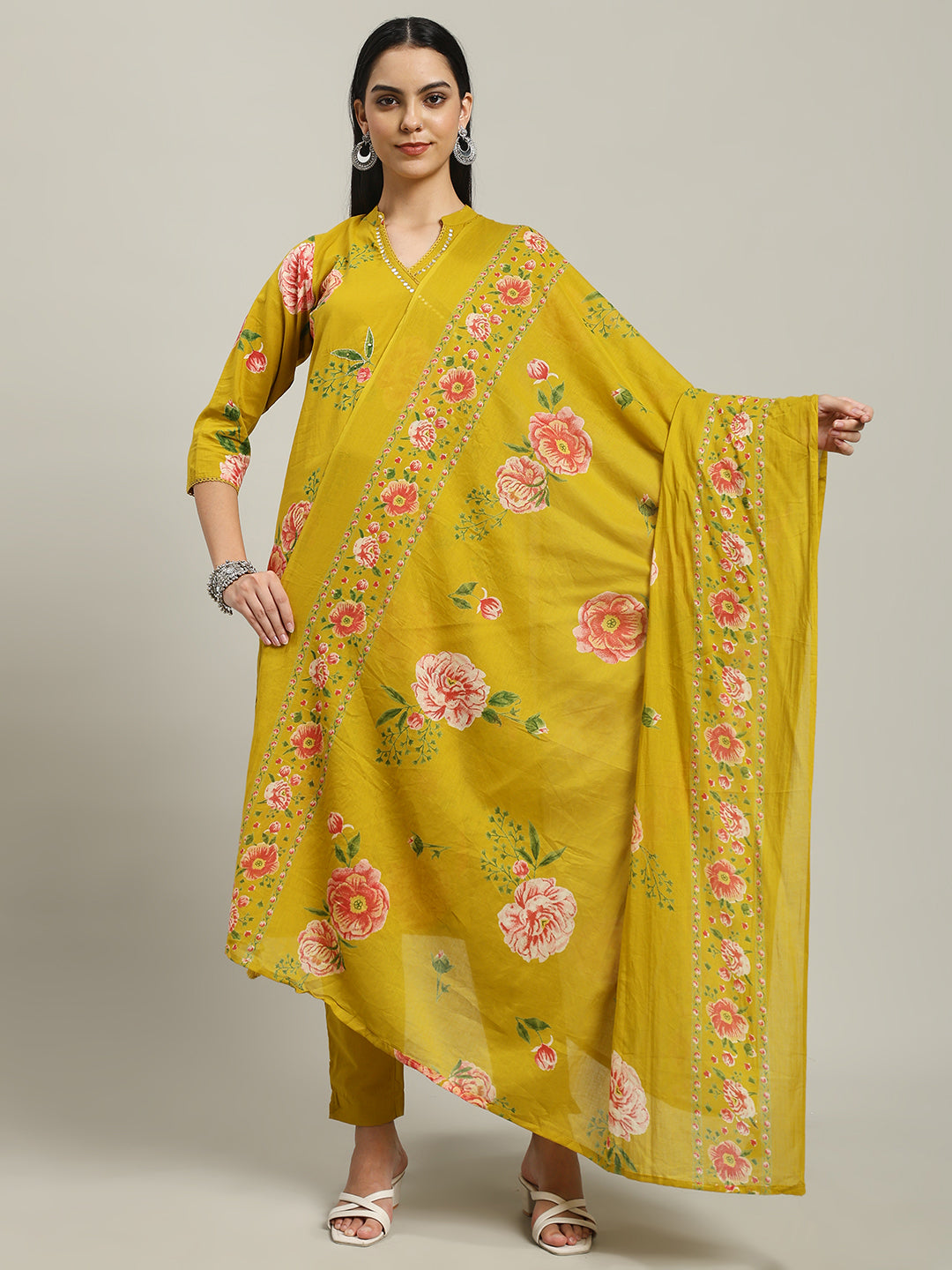 Printed Cotton Blend Kurta With Pants & Dupatta