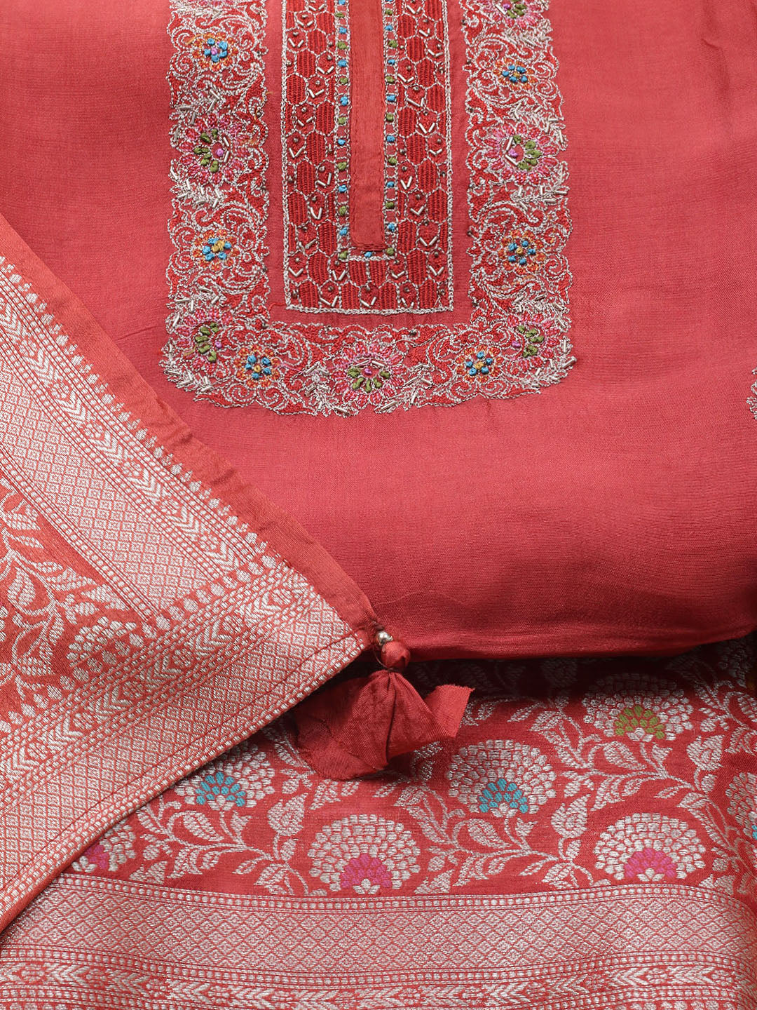 Embroidered Art Silk Unstitched Suit With Dupatta