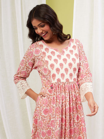 Floral Printed Cotton Anarkali Kurta With Pants