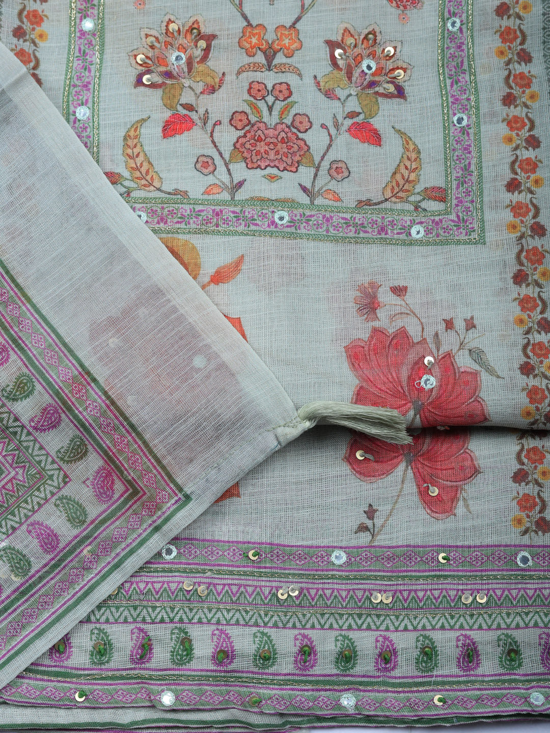 Printed Linen Blend Unstitched Suit With Pant &amp; Dupatta