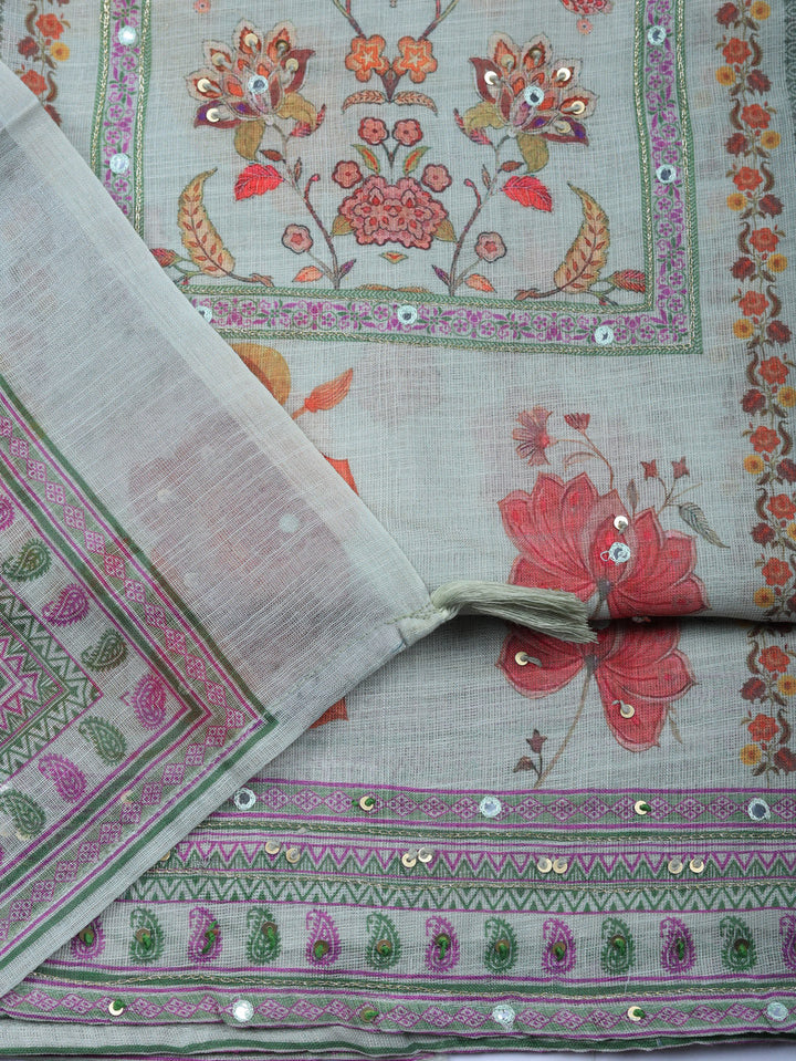 Printed Linen Blend Unstitched Suit With Pant &amp; Dupatta