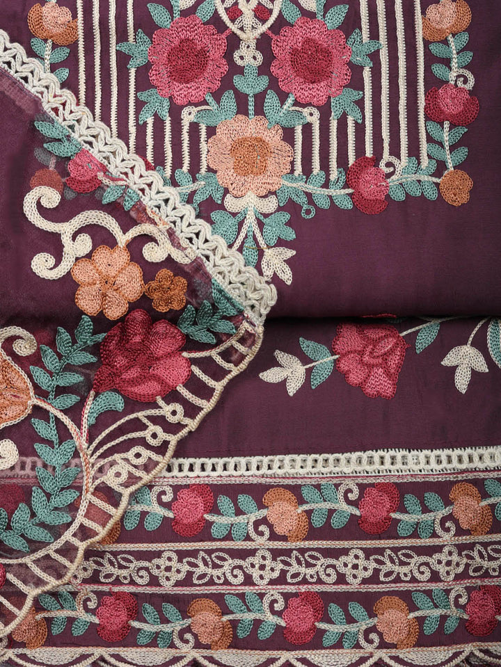 Embroidered Cotton Blend Unstitched Suit With Pant &amp; Dupatta