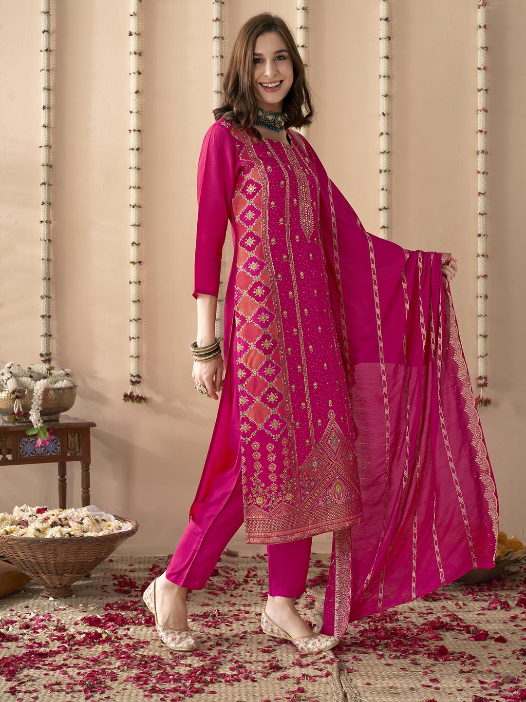 Embroidered Silk Kurta With Pant &amp; Dupatta