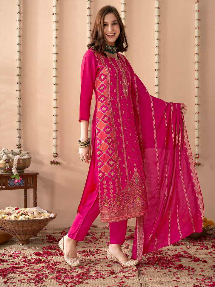 Embroidered Silk Kurta With Pant &amp; Dupatta