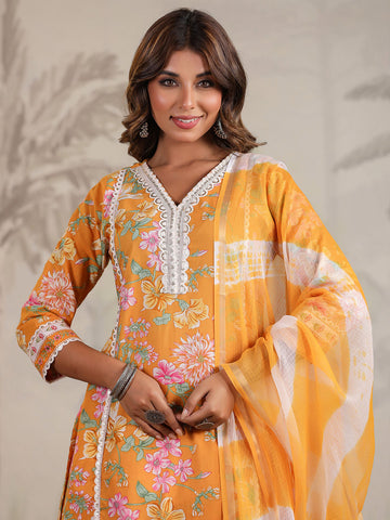 Floral Printed Cotton Blend Kurta With Pants & Dupatta